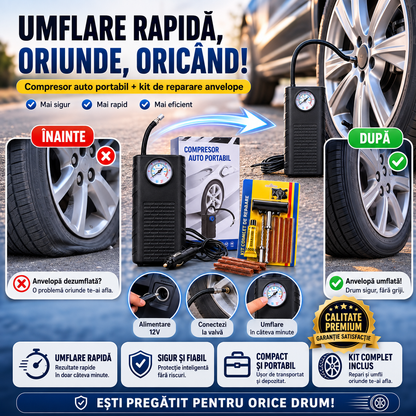 Compresor Auto Portabil + Kit Reparare Pană CADOU