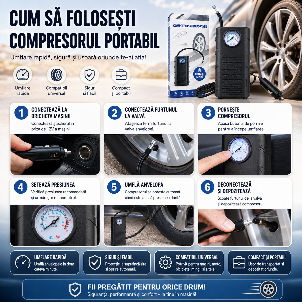 Compresor Auto Portabil + Kit Reparare Pană CADOU