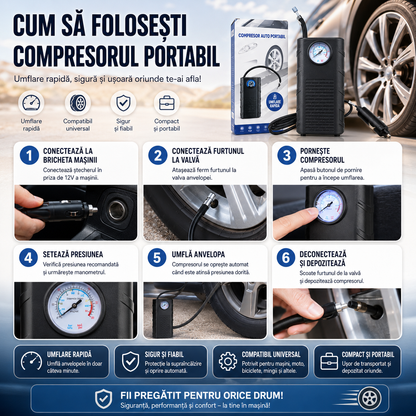 Compresor Auto Portabil + Kit Reparare Pană CADOU