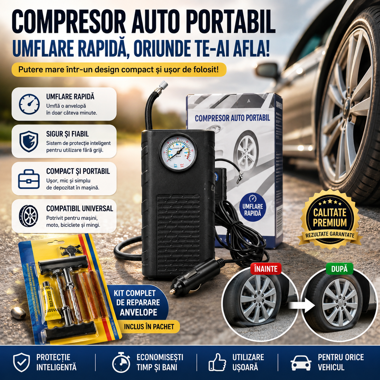 Compresor Auto Portabil + Kit Reparare Pană CADOU
