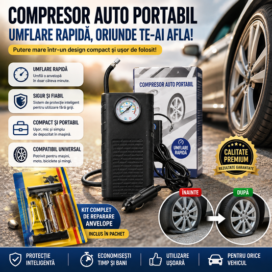 Compresor Auto Portabil + Kit Reparare Pană CADOU