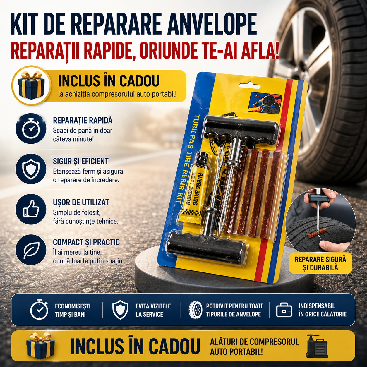 Compresor Auto Portabil + Kit Reparare Pană CADOU