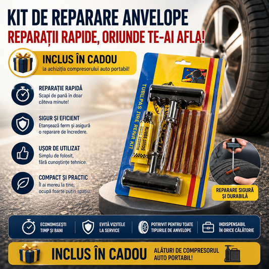 Compresor Auto Portabil + Kit Reparare Pană CADOU