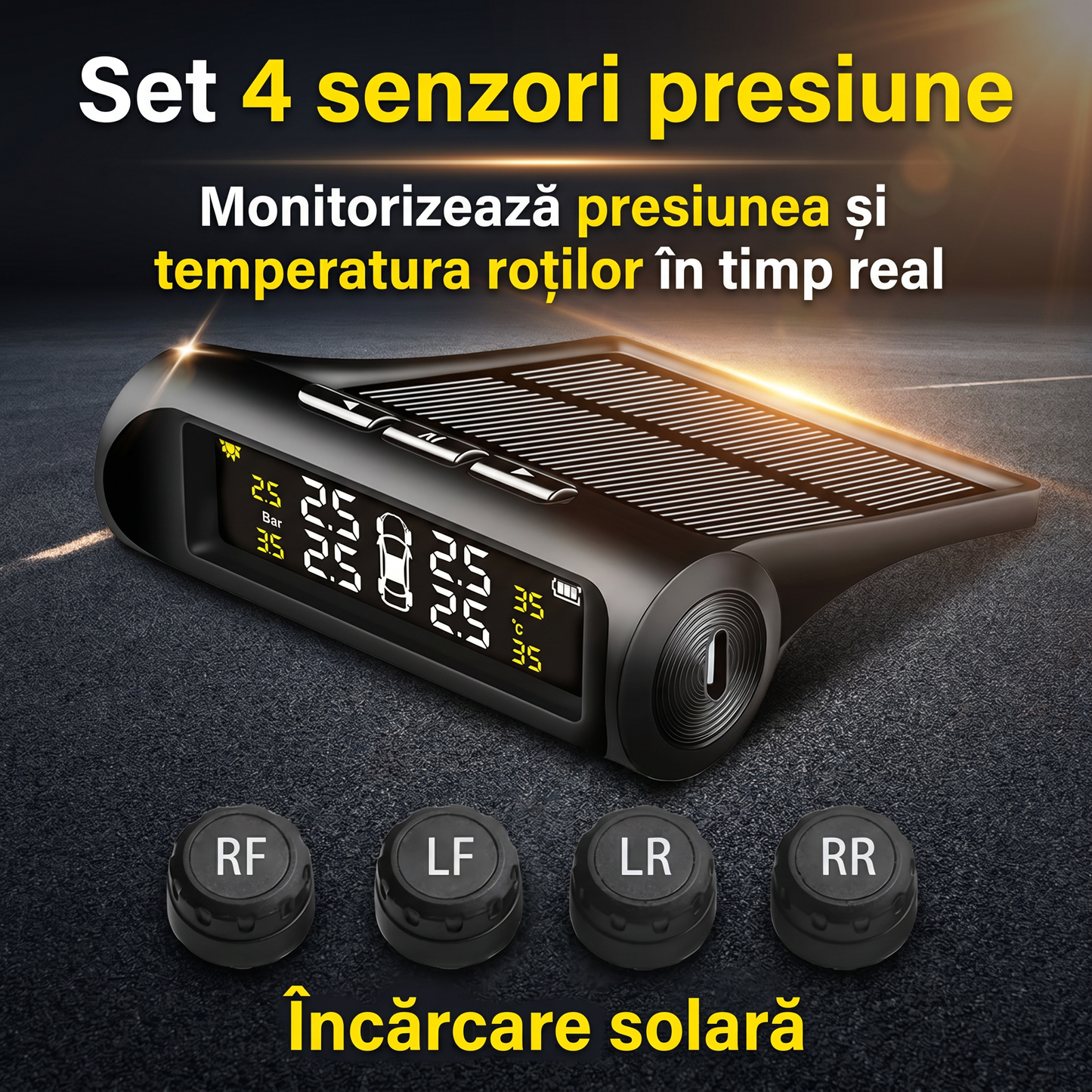 Set 4 Senzori Presiune & Temperatură Roți cu Încărcare Solară